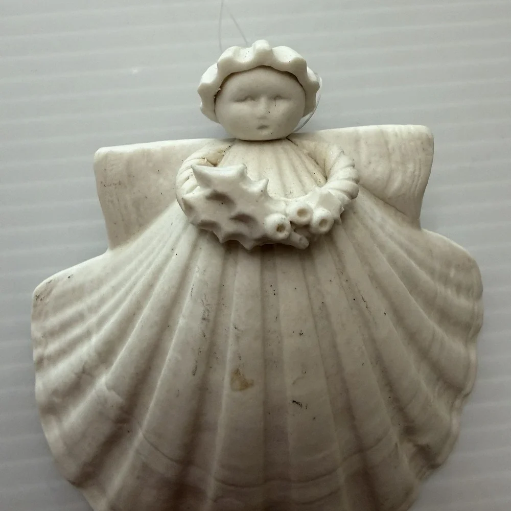 Vintage Margaret Furlong Bisque Ceramic Shell Angel Christmas Ornament Holly